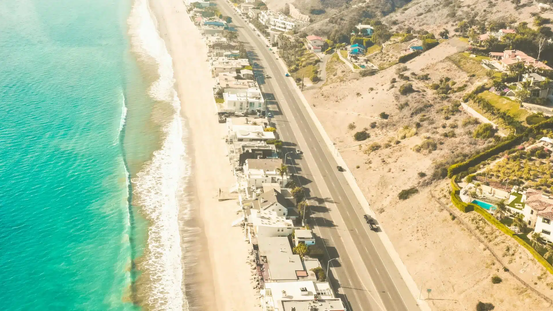 Aerial view of Pacific Coast Highway and Malibu beach